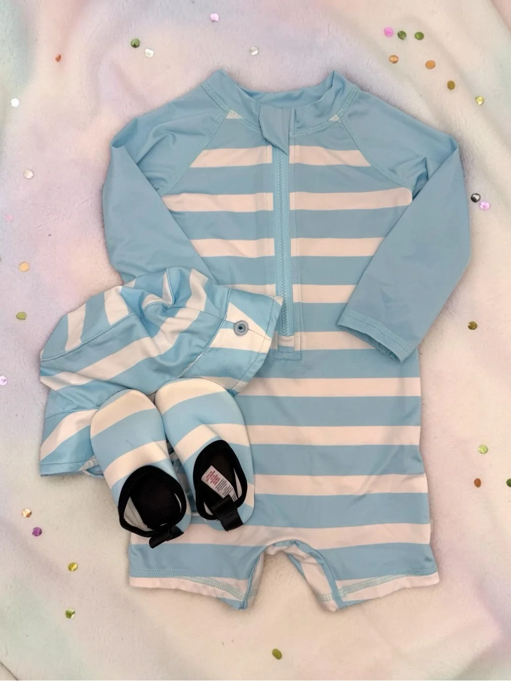 Izod Light Blue and White Rash Guard One-Piece with Hat and Water Shoes 12M